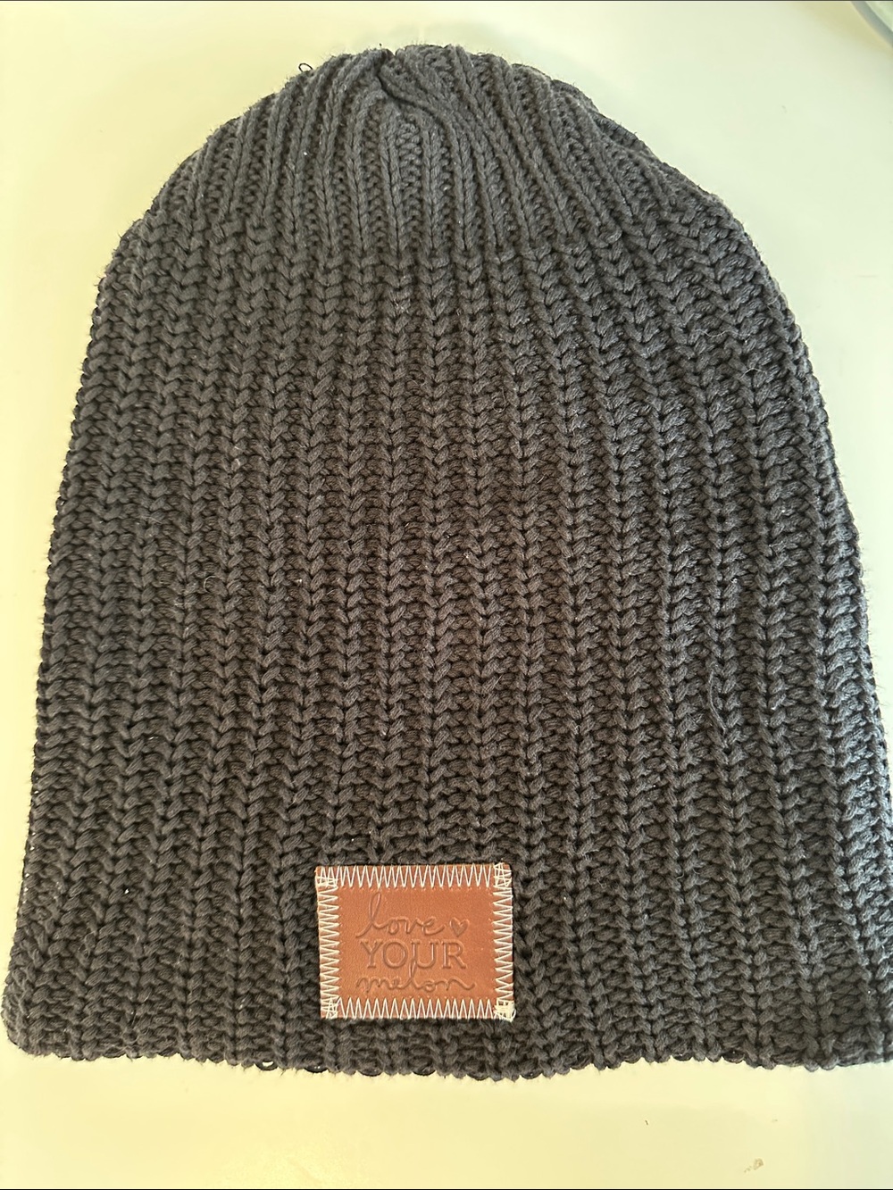 Love Your Melon gray/black Knit Beanie with Brown Leather Patch